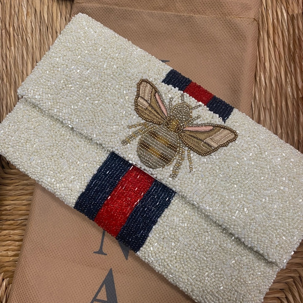 Moyna White and Navy Beaded Bag